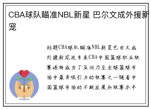 CBA球队瞄准NBL新星 巴尔文成外援新宠