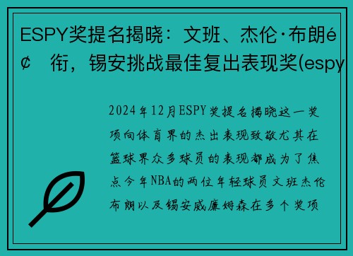 ESPY奖提名揭晓：文班、杰伦·布朗领衔，锡安挑战最佳复出表现奖(espy奖项)