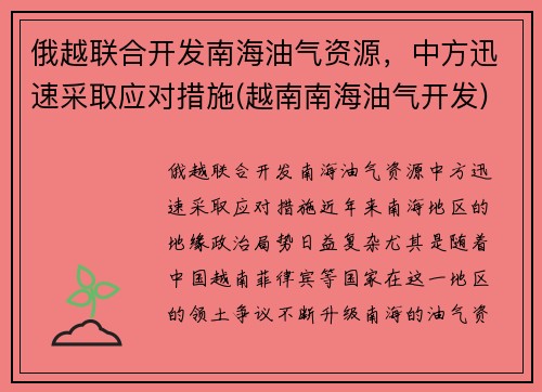 俄越联合开发南海油气资源，中方迅速采取应对措施(越南南海油气开发)